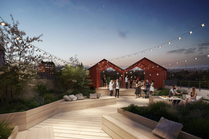 Modřanský cukrovar, komunitní terasa až pro 100 lidí na jednom z domů. Vizualizace: poskytnuta společností Skanska