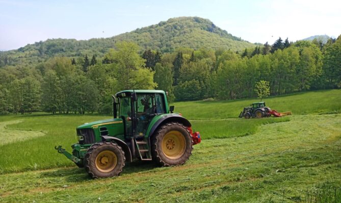 Sekání louky Na Hornovkách, v pozadí je hora Zvon a Milešovka. Foto: Daniel Pitek