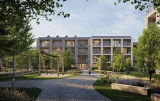 Společnost Skanska využila dřevo při stavbě pražského rezidenčního komplexu D.O.K. Radlice. Vizualizace: poskytnuta studiem Jakub Cigler Architekti