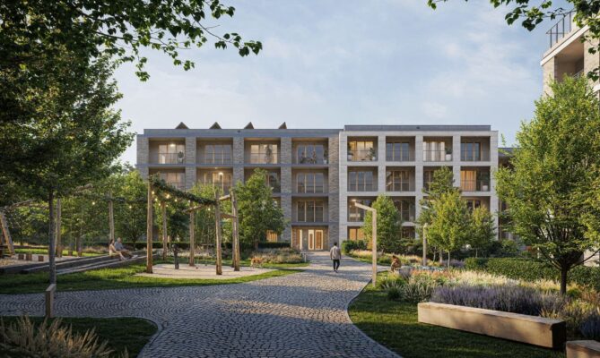 Společnost Skanska využila dřevo při stavbě pražského rezidenčního komplexu D.O.K. Radlice. Vizualizace: poskytnuta studiem Jakub Cigler Architekti