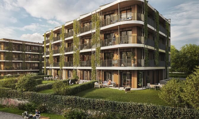 Projekt Timber Praha jsou čtyřpatrové domy dohromady s 62 bytovými jednotkami v pražských Řeporyjích. Vizualizace: poskytnuta společností UBM Development Czechia