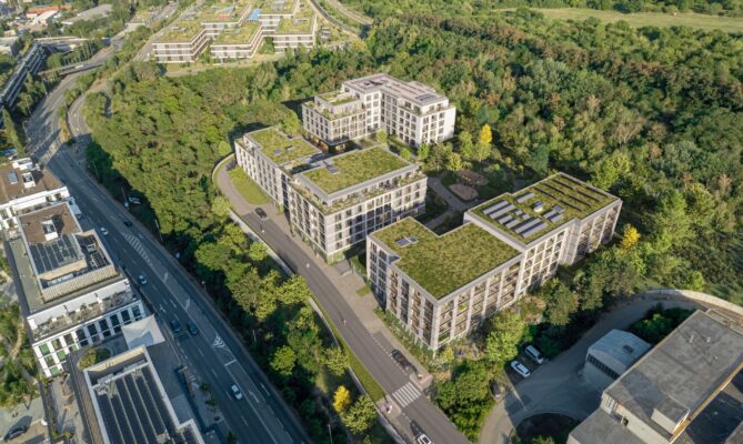 Tři připravované bytové domy Onyx, Krystal a Dřevák. Foto: Poskytnuté společností Skanska Residential