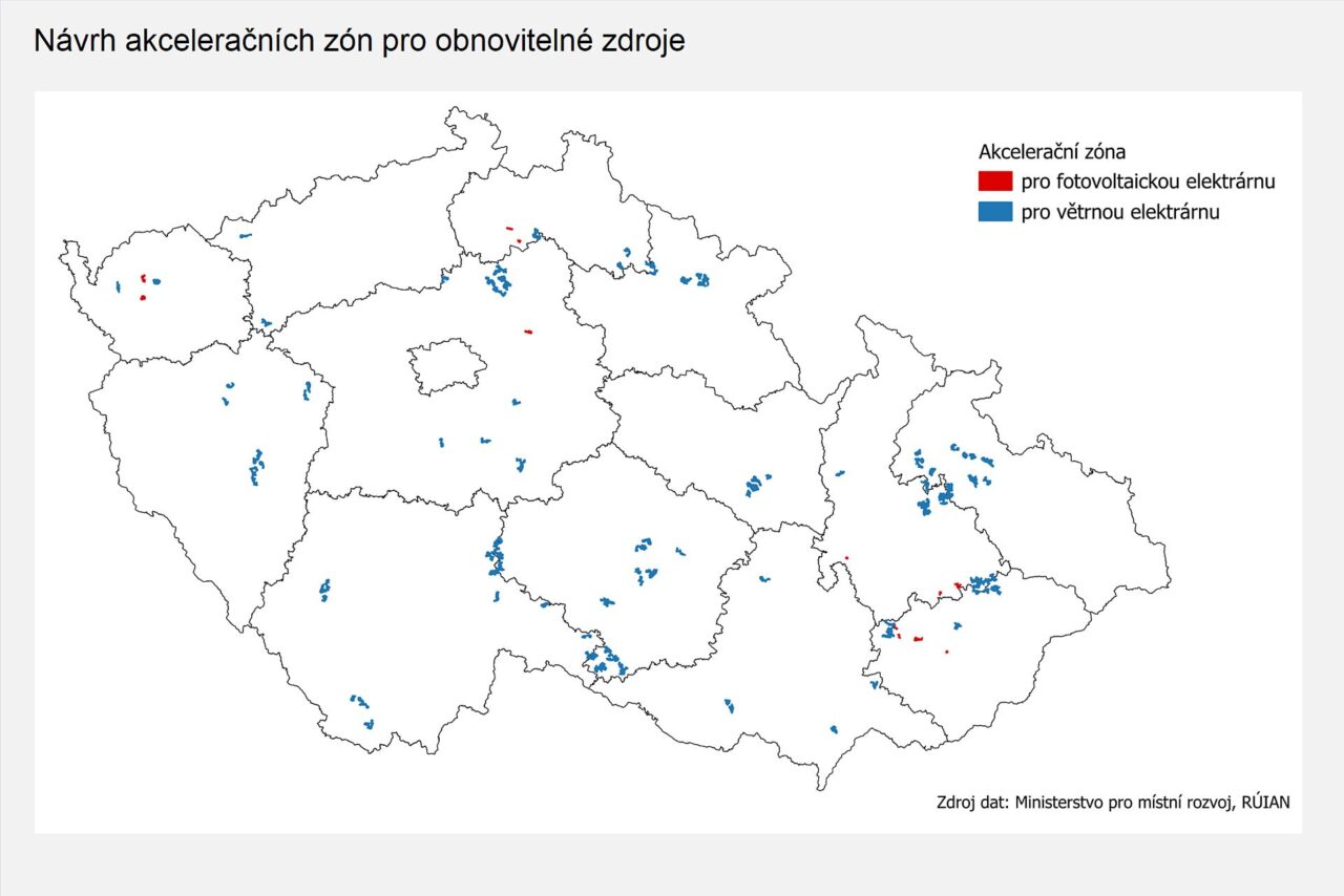 Návrh akceleračních zón pro obnovitelné udroje energie. Zdroj: ministerstvo pro místní rozvoj