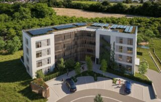 Fotovoltaické panely budou na dřevostavbě EcoCare v pražských Mecholupech integrovány přímo do fasády a zábradlí teras. Vizualizace: poskytnuta společností JRD