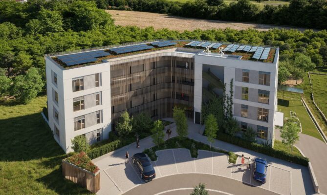 Fotovoltaické panely budou na dřevostavbě EcoCare v pražských Mecholupech integrovány přímo do fasády a zábradlí teras. Vizualizace: poskytnuta společností JRD