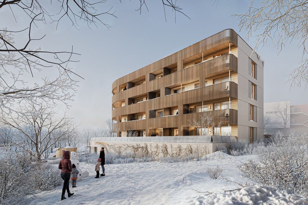 Čtyřpodlažní konstrukce z masivních dřevěných panelů urychluje výstavbu a snižuje uhlíkovou stopu celého projektu. Vizualizace: poskytnuta společností JRD